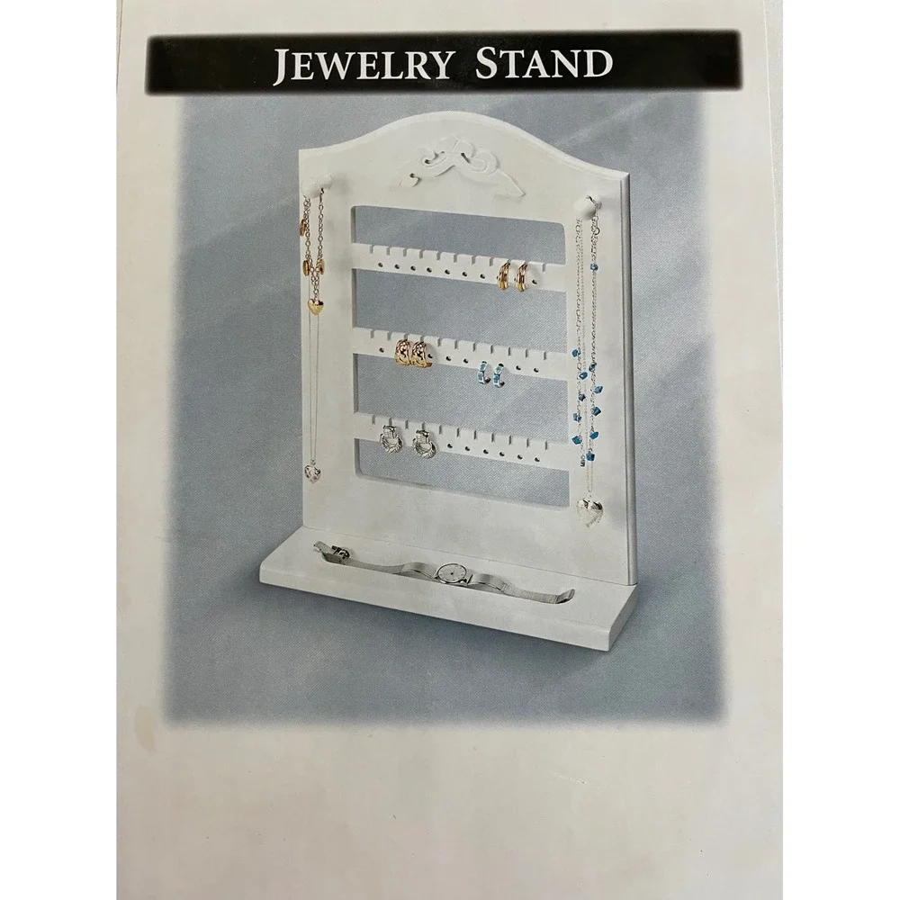 NIB White Shabby Chic Wooden Jewelry Stand Countertop Earring Holder Organizer